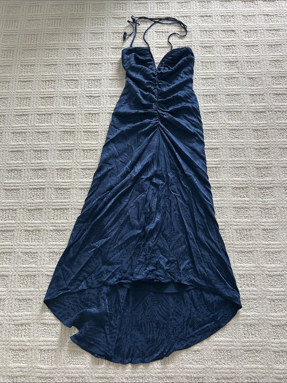 Veronica Beard Navy Halter High-Low Ruched Maxi Dress